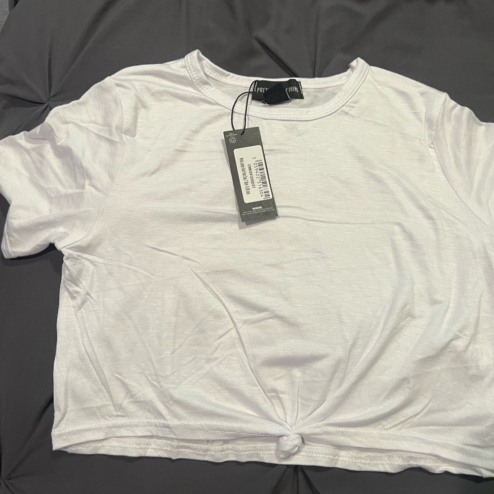 PrettyLittleThing Cream Crop Tie Front Tee